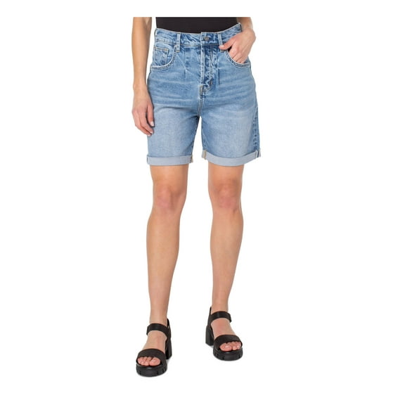 EARNEST SEWN NEW YORK Womens Blue Denim Pocketed Pleated Rolled Cuffs Button Fly High Waist Shorts 28