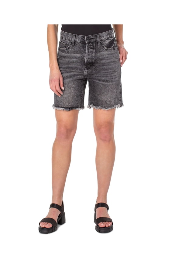 Womens Gray Denim Frayed Pocketed Button Fly High Waist Shorts 24