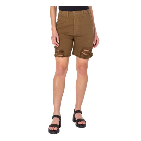EARNEST SEWN NEW YORK Womens Green Denim Zippered Pocketed Frayed Hems Button Closure High Waist Shorts 28