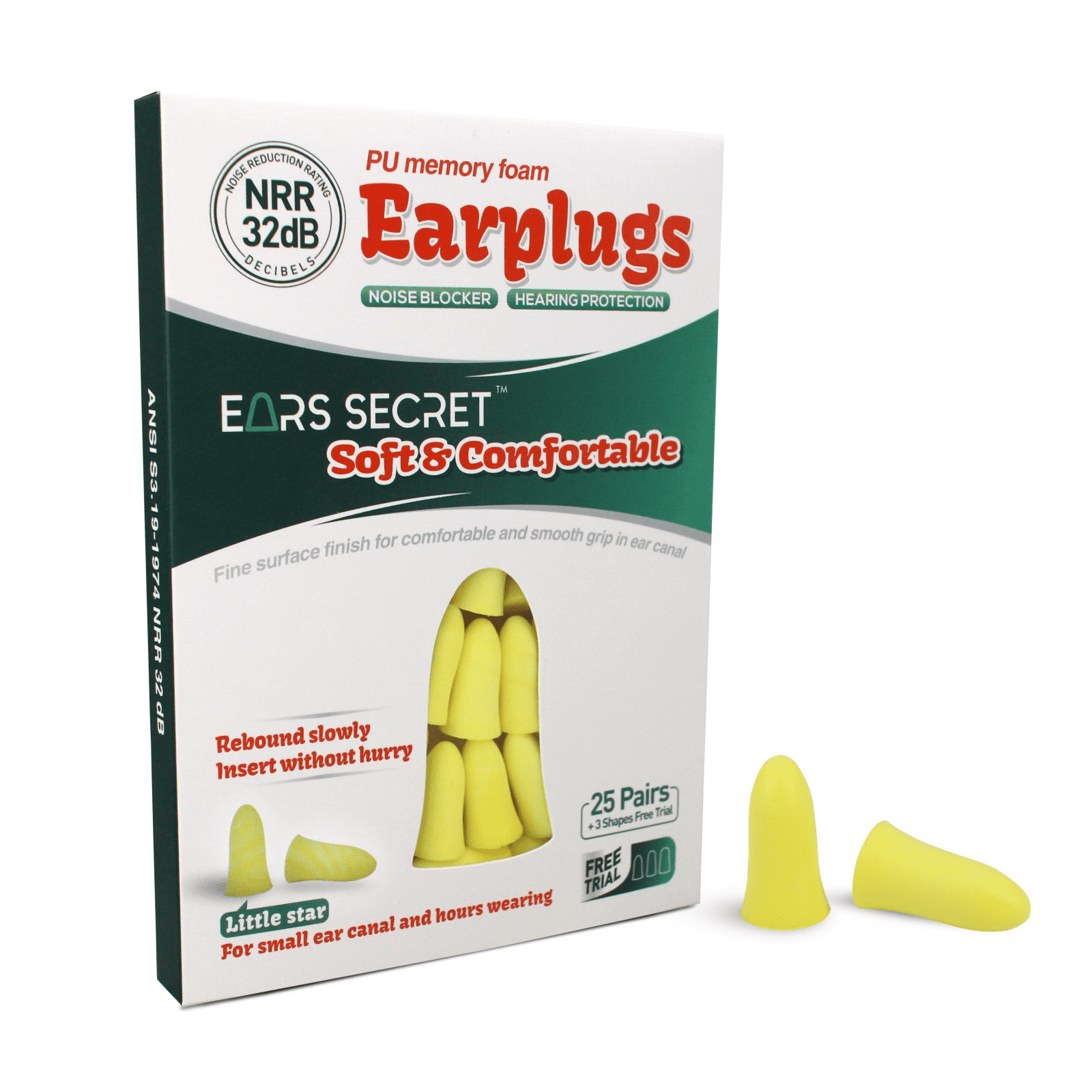 EARS SECRET Foam Ear Plugs for Sleeping, 25+3 Pairs Ear Plugs 37dB Comfortable Earplugs for