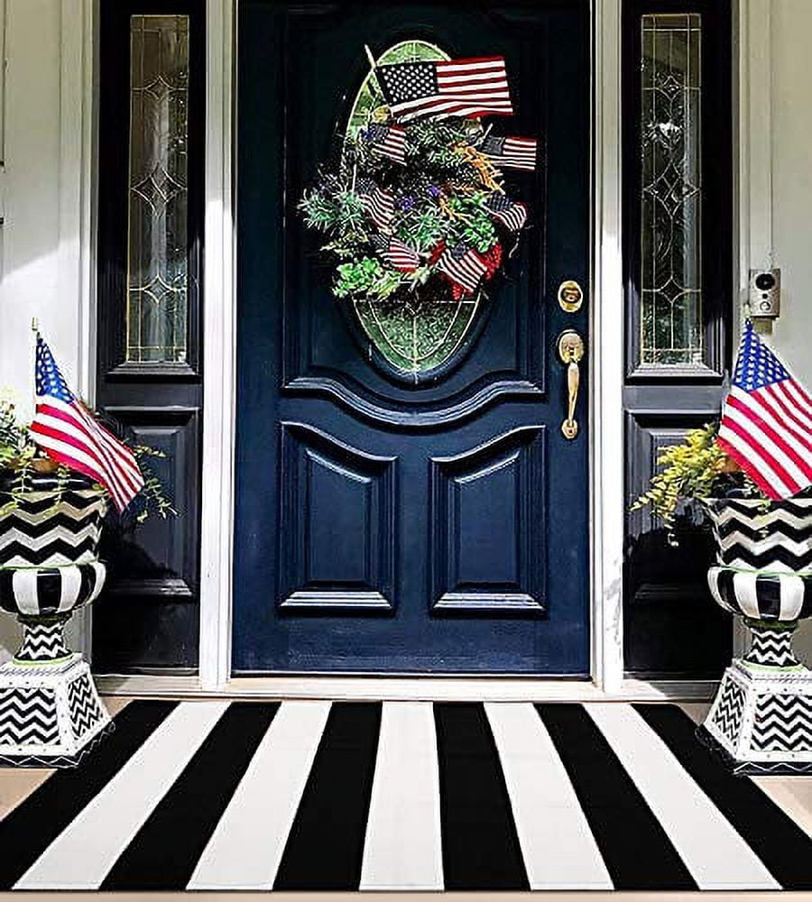 Black and White Striped Outdoor Rug, 3'x5' Cotton Modern Front Porch Door  Mat Hand-Woven Reversible Patio Rug Washable Layered Doorway Carpet for
