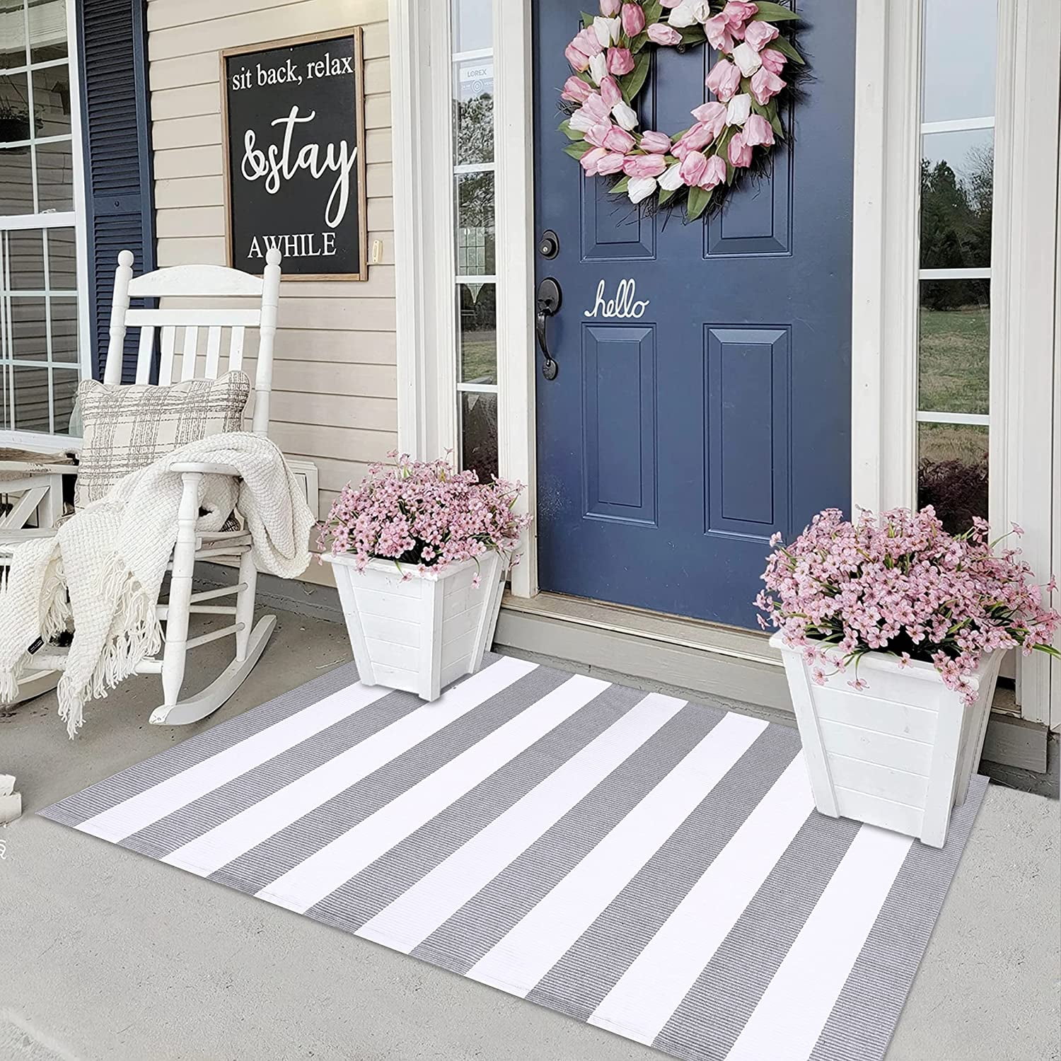 EARTHALL Grey and White Striped Outdoor Rug 35.4 x 59 Inches Front Door