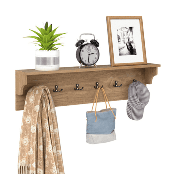 Wall Mount Coat Rack with Shelf, Coat Rack Wall Mount with Shelf, 31.5" Mudroom Entryway Shelf with Hooks, Wooden Wall Coat Rack with 6 Hooks, 110 lb Capacity for Bedroom & Bathroom