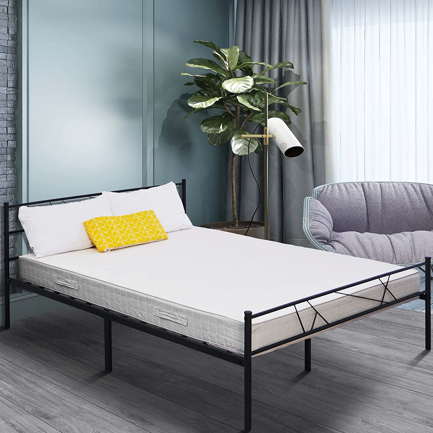 EASEWAY Black Metal Bed Frame Queen Size Vintage Headboard and