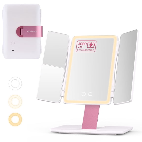EASEHOLD Foldable Tri-Fold Lighted Makeup Vanity Mirror with 60 LED Lights, 1X/2X/3X Magnification, Touch Control Dimming, 3000mah Rechargeable, 360 Rotation, Portable Travel Folding Compact Mirror