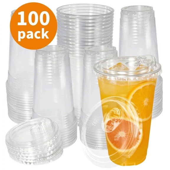 EASHZMFYTBF 100 Sets of Transparent Plastic Cold Drink Cups with Lids,Leak-Proof,Suitable for Smoothies,Milkshakes,Iced Coffee, and Bubble Milk Tea.Each Set Includes 100 Cups + 100 Lids,Sizes 20 Oz