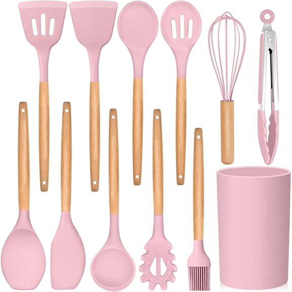 EASHZMFYTBF 12-Piece Professional Silicone Kitchenware Set, 392°F Heat Resistant Spatula Set, Non-Stick Cooking Utensils(Pink)