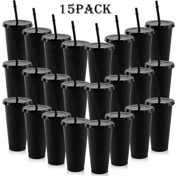 EASHZMFYTBF 15Pack Reusable Plastic Cups With Straws And Lids, 24oz Durable Water Cups Ice Coffee Cups Large Leak-Proof Bottles Travel Cups Party Bulk Cold Drinks,Black