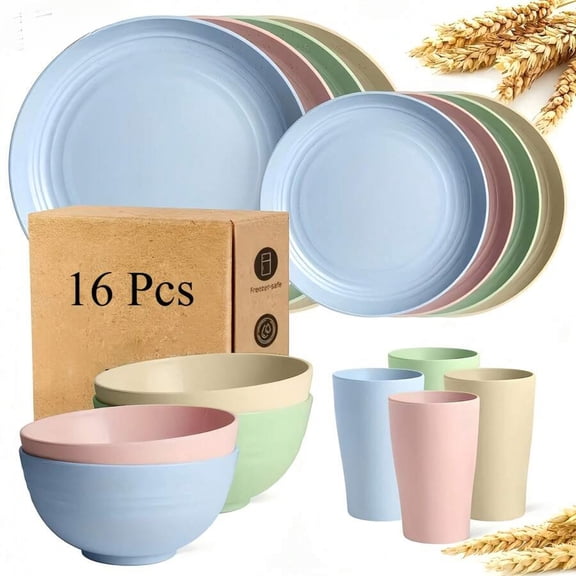 EASHZMFYTBF 16pcs Wheat Straw Dinnerware Sets, Plates and Bowls Sets for 8, Multicolor Plastic Dinnerware Sets, Microwave Dishwasher Plates, Dishes Set for 8 for Valentine'S Day