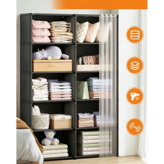 EASHZMFYTBF 1PC Multi-Layer Easy-To-Assemble Book Storage Rack, Household Simple Clothes Storage Wardrobe, Multi-Functional Dustproof Miscellaneous Storage Cabinet for Office, Classroom, Black