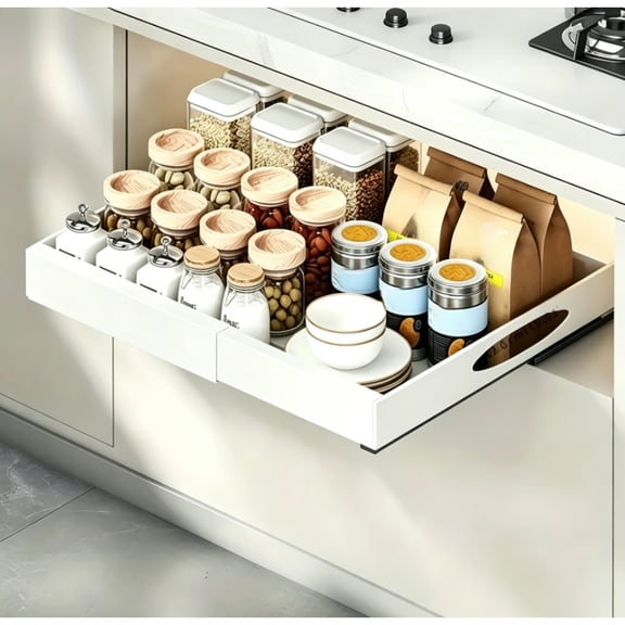 EASHZMFYTBF 1PCS A Versatile Retractable Drawer Cabinet Designed for Under Sinks and In Cabinets, Extending From 17.1" To 26.77" In Width. Ideal for Organizing Storage In Kitchens, Small White