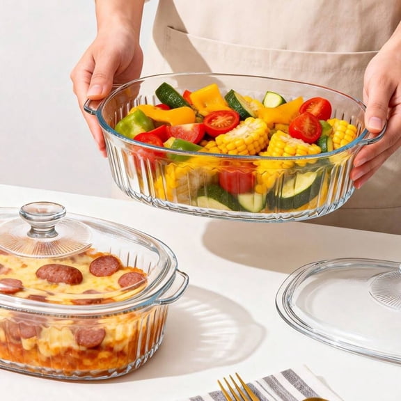 EASHZMFYTBF 1Pc 2.8L / 3Qt Oval Ribbed Lead-Free Glass Casserole with Lid, Clear Deep Covered Bakeware Safe for Oven and Microwave, Multipurpose Glass Food Storage & Cooking Dish