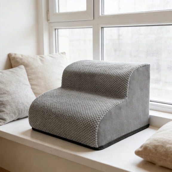 EASHZMFYTBF 1pc 2-Tier Pet Stair, Grey Knit Fabric Dog Ramp with High-Support Foam & Non-Slip Base, Space-Saving Pet Steps for Small Dogs & Cats to Reach Couch/Bed, Lightweigh