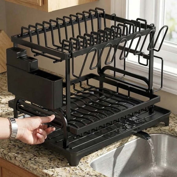 EASHZMFYTBF 2 Tier Black Large Stainless Steel Dish Drainers Drying Rack for Kitchen Counter with Drainboard, Rust Proof Metal, Space Saving, Modern Aesthetic, Compact Plates Strainers.