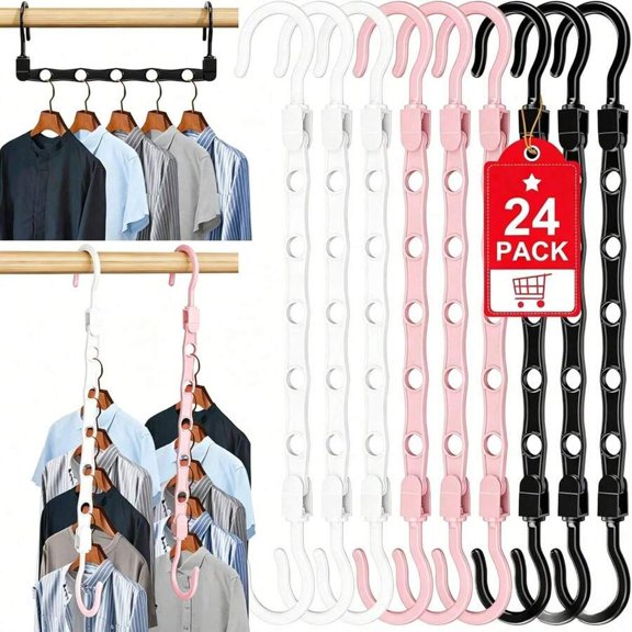 EASHZMFYTBF 24 Creative Five-Hole Magic Hangers, Space-Saving Hangers-Organizing Marvels,Multi-Hole Design, Durable Plastic Hangers - Black + White + Pink