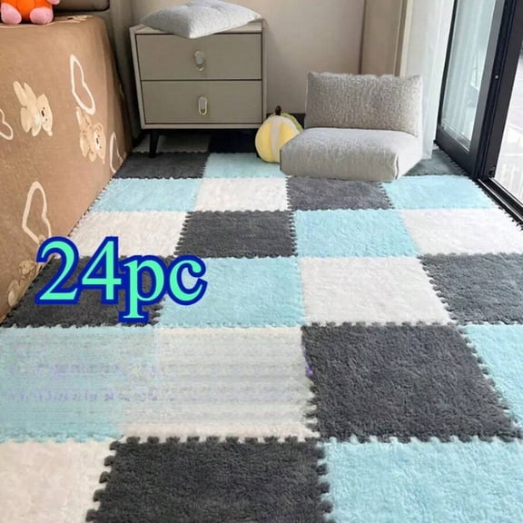 EASHZMFYTBF 24pc Inspired Interlocking Carpet Pads, Easy To Clean, Square Pattern, Non-Slip EVA Backing, Protective Floor Tiles, Exercise Mat, for Bedroom, Living Room, White Gray Blue