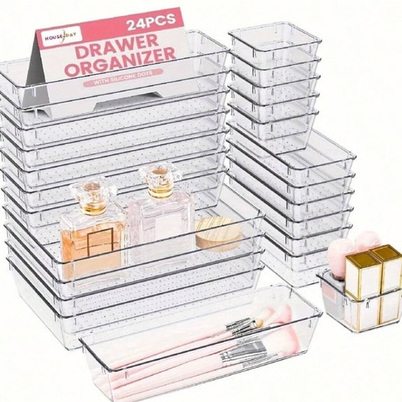 EASHZMFYTBF 24pcs Clear Plastic Organizer, Acrylic Organizers For Desk, Kitchen Drawer Organizer And Cosmetics Containers, Make Up Organizers For Vanity, Junk Drawer