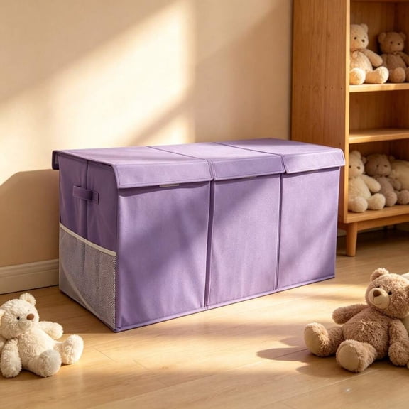 EASHZMFYTBF 3-Grid Extra-Large Children's Toy Box, Storage Box, Foldable and Sturdy Storage and Organizing Box with Mesh Pockets, Size 40 Inches *14 Inches *16 Inches, Storage Basket,Purple