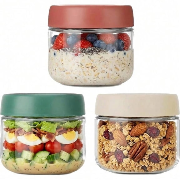 EASHZMFYTBF 3-Pack Glass Overnight Oats Jars with Lids, 10oz Wide Mouth Meal Prep Containers for Salad Dressing, Sauces, Snacks, Fruits, Veggies, and Spices Storage.