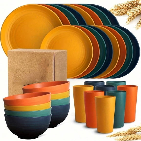 EASHZMFYTBF 32-Piece Kitchen Plastic Wheat Straw Dinnerware Set, Service For 8, Dinner Plates, Dessert Plate, Cereal Bowls, Cups, Unbreakable Colorful Plastic Outdoor Camping Dishes
