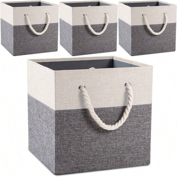 EASHZMFYTBF 4-Pack 11x11 Inch Foldable Cube Storage Bins, Two-Tone Grey & White Linen Fabric Basket with Cotton Rope Handles, Closet & Nursery Shelf Organizer