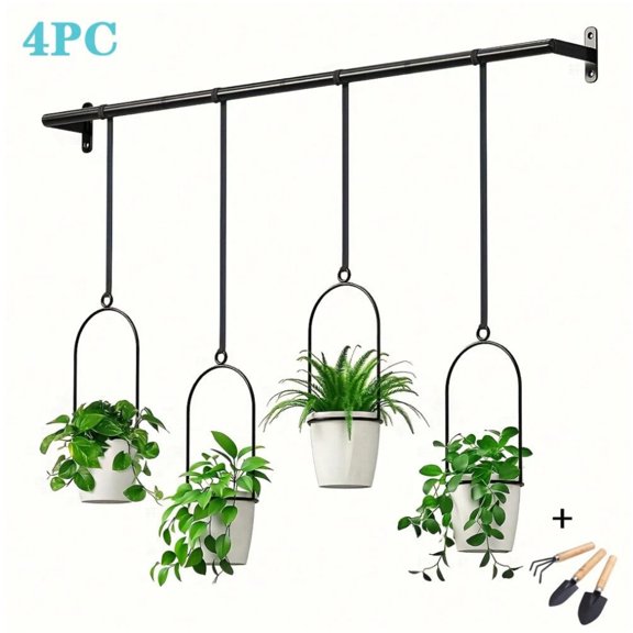EASHZMFYTBF 4 Sets Adjustable Metal Sliding Garden Hanging Display Rack with Free Gardening Tool Set,Hook Flower Pot System with Plastic Pots,Window Hanging Pot Set,Wall Track Planter Hanger.