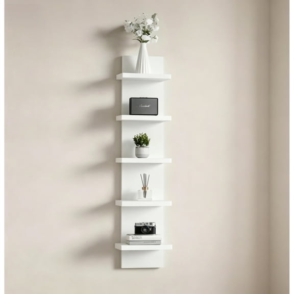 EASHZMFYTBF 5-Tier White Vertical Floating Wall Mount Shelving Unit, Slim Narrow Modern Decor Display Rack, Wall Decor Storage Shelves for Bedroom, Living Room Home Wall Organization
