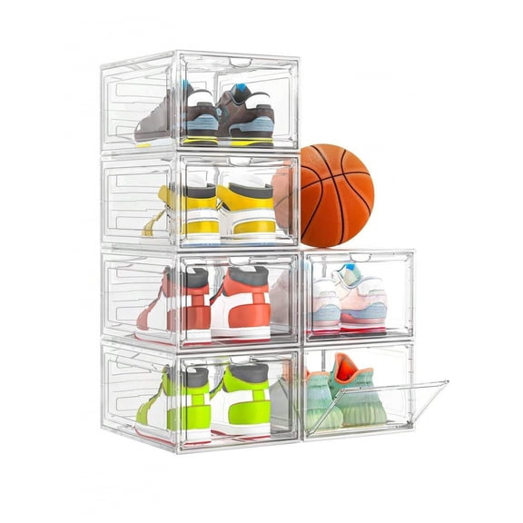 EASHZMFYTBF 6 Pack Shoe Storage Box, Clear Plastic Stackable Shoe Organizer for Closet, Space Saving Foldable Shoe Rack Sneaker Container Bin Holder