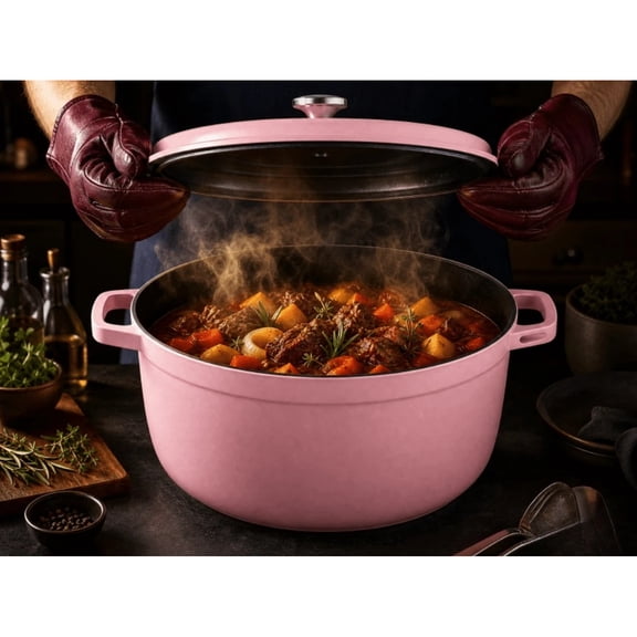 EASHZMFYTBF 7.4QT Pink Extra Large Enameled Braiser - for Large Family Gatherings, Restaurant Kitchen, Camping - Easy Assembly, Works On Fire Pit/Gas/Induction