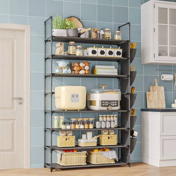 EASHZMFYTBF 8-Tier Kitchen Storage Organizer, Space Saving Metal Shelving Unit For Dishes, Pantry Food & Spice Bottles, With 5 Side Pockets, Black
