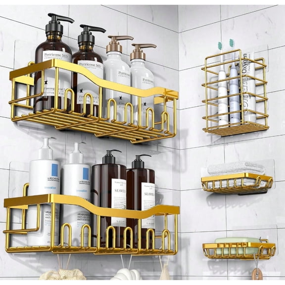 EASHZMFYTBF Adhesive Shower Caddy, 5 Pack Rustproof Stainless Steel Bath Organizers with Large Capacity, No Drilling Shelves for Bathroom Storage & Home Decor,Gold