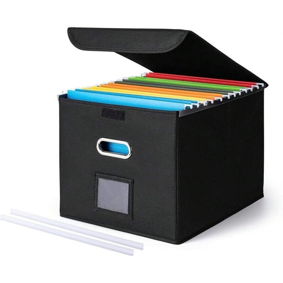 EASHZMFYTBF File Organizer Box with Lid, Lar Hanging File Folder Organizer with Plastic Slide, Collapsible Portable Filing Stora Boxes for Office/Decor/Home (Bla, 14.9 X 12.59 X 10.8 Inch).