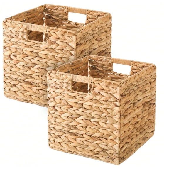 EASHZMFYTBF Foldable Handwoven Water Hyacinth Storage Baskets Wicker Cube Baskets Rectangular Laundry Organizer Totes for Bedroom, Living Room, Nursery Room