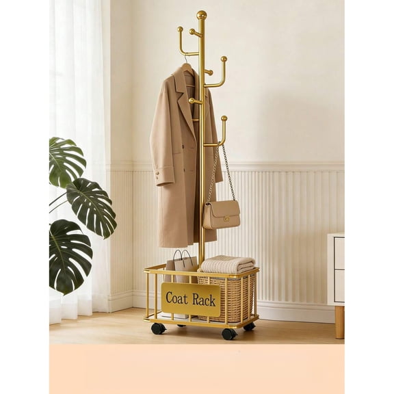 EASHZMFYTBF Gold Coat Rack with Storage Basket, Freestanding Clothes Rack, Coat Rack Stand for Hat Scarves Handbags Clothes, Modern Coat Hanger Stand for Entryway, Moving Storage Rack