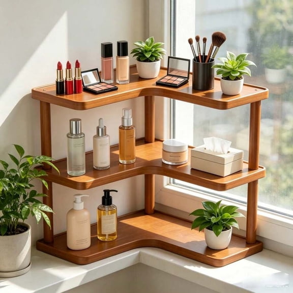 EASHZMFYTBF Layer Wood Corner Shelves, Rustic Brown Cosmeic Makeup Rack, Storage Holder for Bathroom Bedroom Kitchen Living Room.