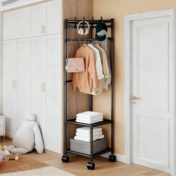 EASHZMFYTBF Narrow Rolling Garment Rack With Wheels, Slim Freestanding Metal Clothing Rack With 2 Storage Shelves & Hooks, Space-Saving Clothes Organizer For Small Bedrooms, Closets