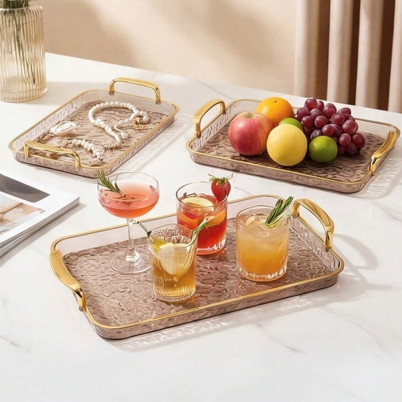 EASHZMFYTBF Serving Trays for Party, 3pcs Serving Tray with Gold Rimmed Handles, Transparent Textured Food Serving Trays, with Snack Tongs for Wedding, Brunch & Daily Use.