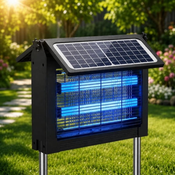 EASHZMFYTBF Solar Bug Zapper Outdoor, Dual Solar Panels Mosquito Zapper Light with 4000mAh Battery, USB Charging, Auto Sensor, 10FT Cable