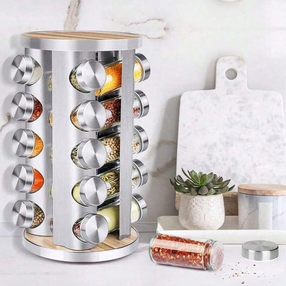 EASHZMFYTBF Spice Rack Organizer with Jars for Cabinet (20Pcs) Revolving/Rotating Seasoning Organizer, Stainless Steel/Wooden Countertop Rack Tower Organizer with Reusable Labels/Funnel/Brushes