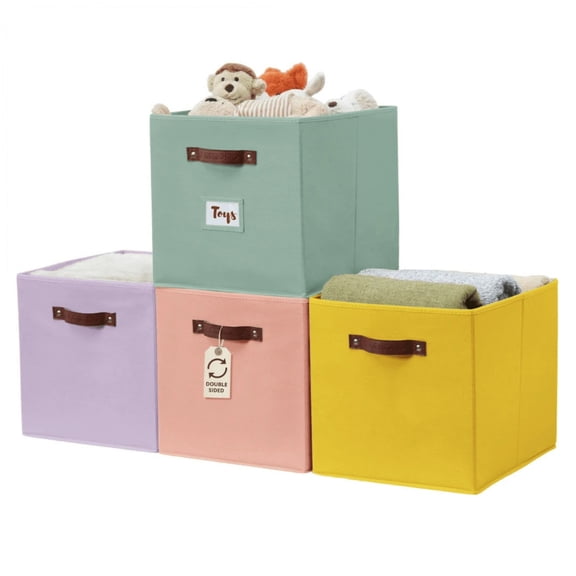 EASHZMFYTBF Storage Baskets 4-Pack,Cube Bins With Labels For Shelves Organizing, Closet, Book, Clothes & Toy Storage Box (13" X 15" , Rainbow)
