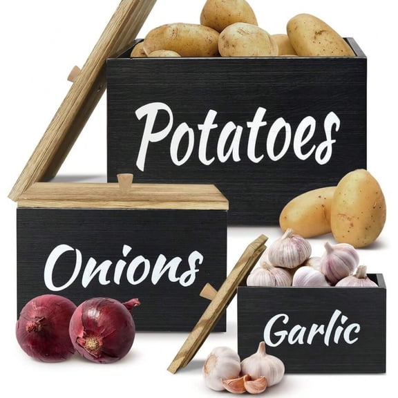EASHZMFYTBF Wood Basket Set Of 3 - Farmhouse Kitchen Storage Container For Potato Onion Garlic, White Powder Coated, Rectangular, 3 Piece Container Set, Includes 3 Lids, Portable