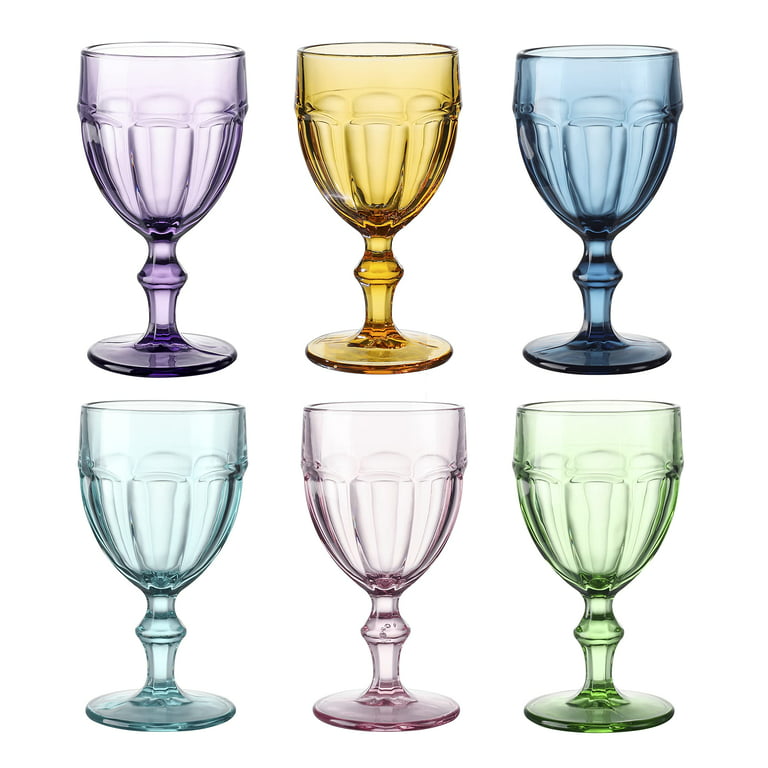 East Creek | Set of 6 Colored Glassware Goblets | Vintage Wine Goblet | 8.5 oz Embossed Design | Drinking Glass with Stem | Glass for Wedding, Party