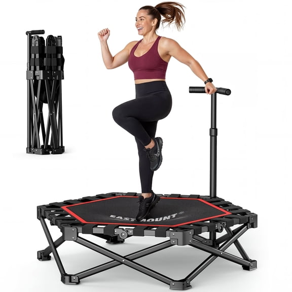 EAST MOUNT 42" Foldable Mini Trampoline for Adults, No Assembly Ultra Quiet Fitness Rebounder with Adjustable Handle, 450LBS Capacity Low Impact Exercise Trampoline for Home Gym Apartment