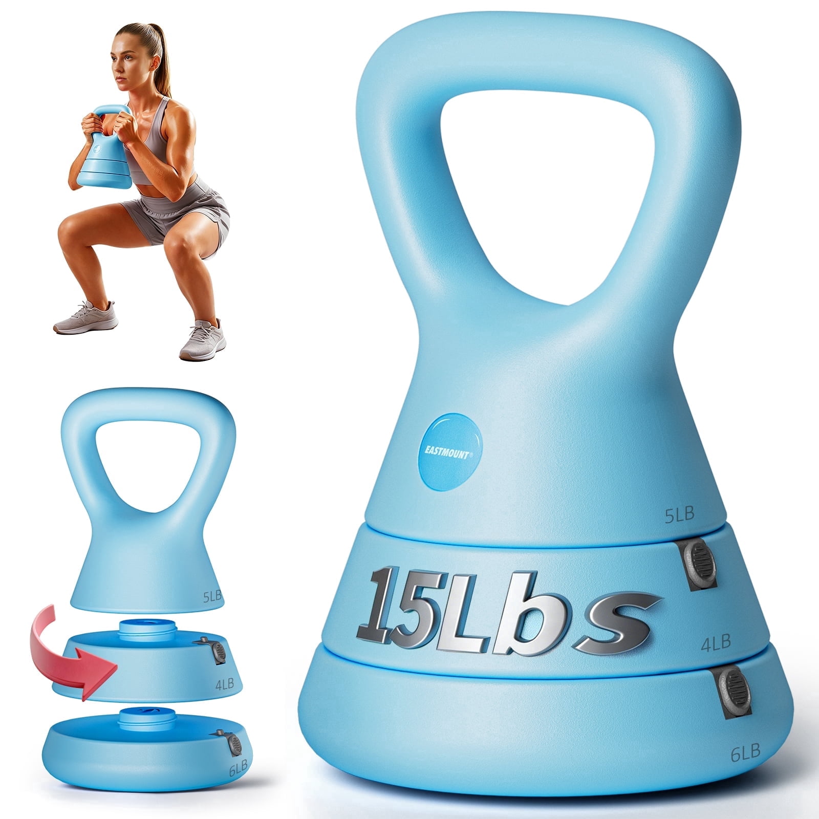 EAST MOUNT Adjustable Kettlebell, 5lb 9lb 15lb Kettlebell Weights Set, Ergonomic Design & Wide-Handle for Home Gym, Full-Body Workouts Strength Rehabilitation Training, Good for Men Women & Beginners