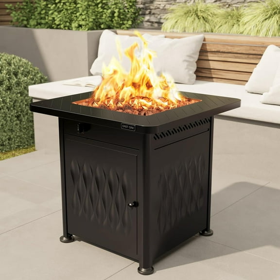 EAST OAK 28" 52000 BTU Propane Gas Fire Pit Table for Outside with Magnetic Lid Storage Basket & Lava Rocks CSA Certified for Patio, Jet Black