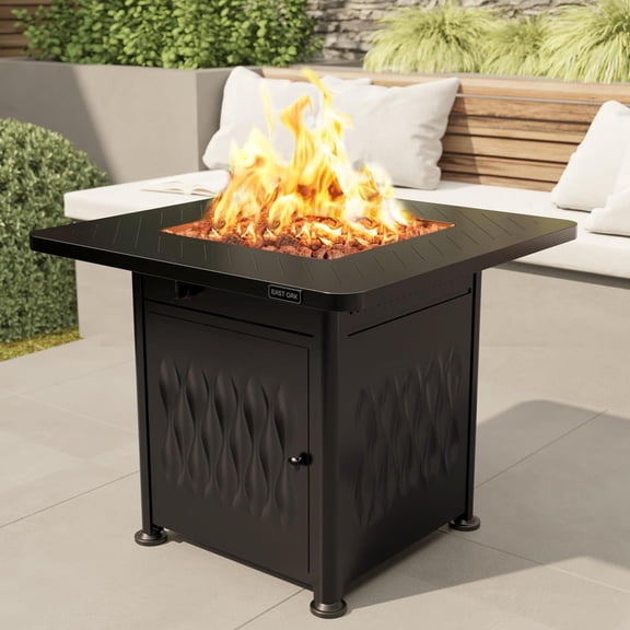 EAST OAK 32" 52000 BTU Propane Gas Fire Pit Table for Outside with Magnetic Lid Storage Basket & Lava Rocks CSA Certified for Patio, Jet Black