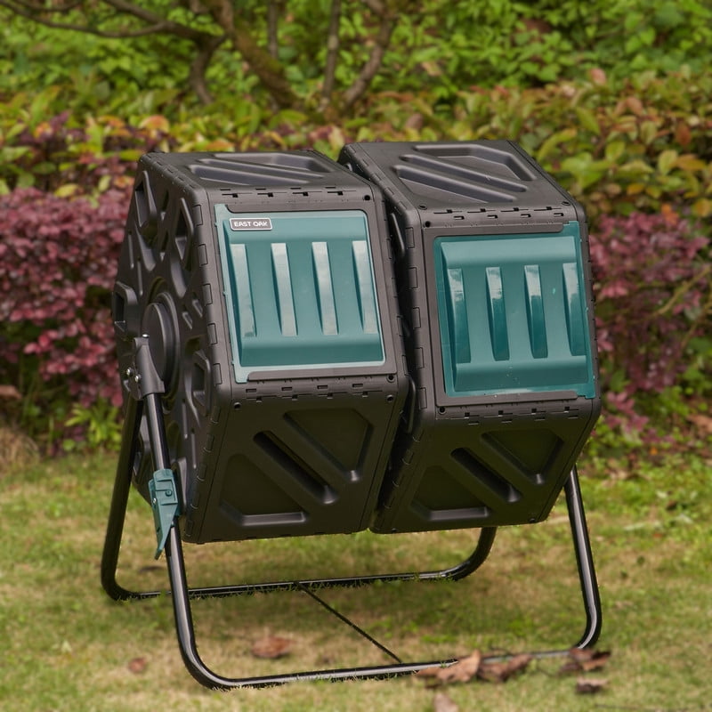 EAST OAK 37 Gal Dual Chamber Compost Tumble Compost Bin Composters Tumbling or Rotating Outdoor 25.6 x 23.6 x 30.3 in