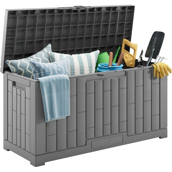 EAST OAK 60 Gallon Deck Box Waterproof Lockable Outdoor Resin Storage Box, Grey