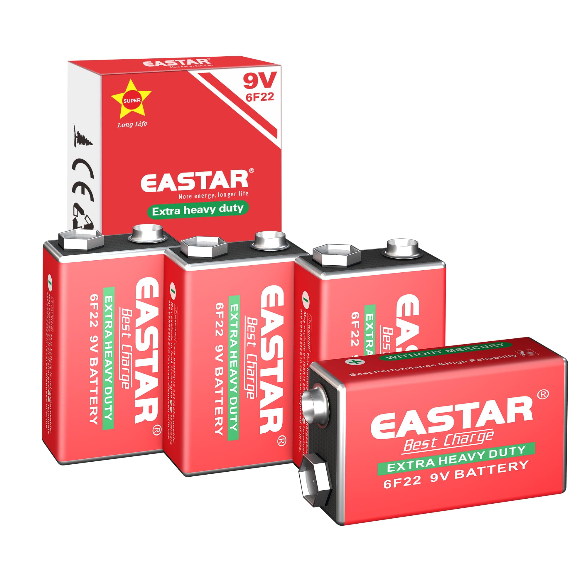 EASTAR BTS 9V Carbon Zinc Batteries â€“ 4 Pack 6F22 Square Battery for