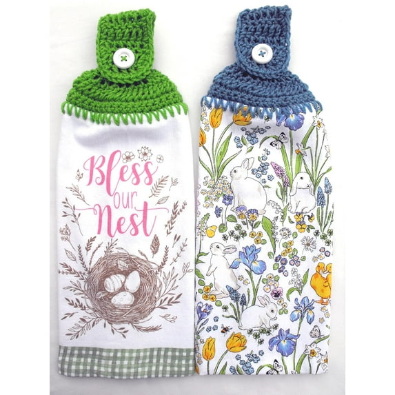 EASTER BUNNIES IN THE FLOWER GARDEN & BLESS OUR NEST GREEN GINGHAM - 2 HANDMADE CROCHET TOP HANGING KITCHEN TOWELS